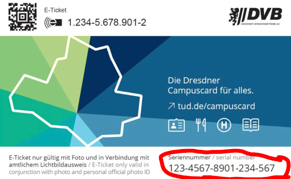 abgebildet ist die Rückseite der Campuscard, hervorgehoben ist die Seriennummer unten rechts.
